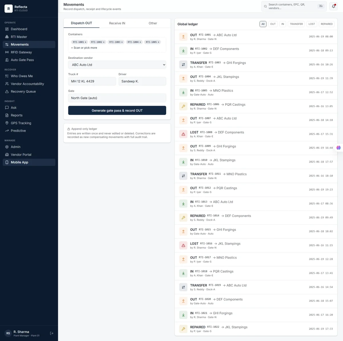 Append-only movements ledger logging OUT, IN, TRANSFER, LOST and REPAIRED events for each container