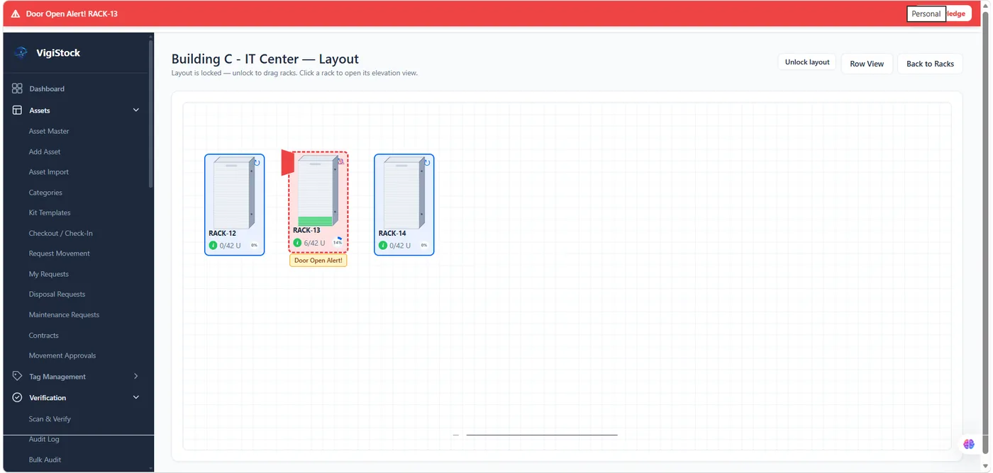 VigiStock Room Layout view showing three racks, one flagged red with a Door Open Alert and a site-wide alert banner